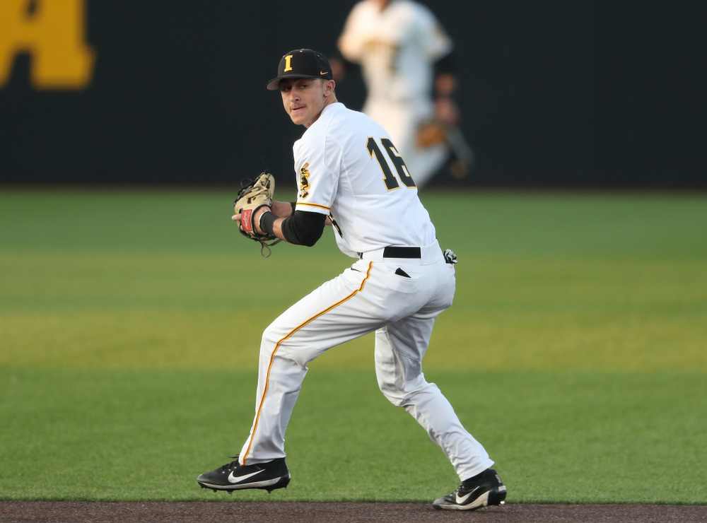 Iowa Hawkeyes Tanner Wetrich (16) makes a play during game one against UC Irvine Friday, May 3, 2019 at Duane Banks Field. (Brian Ray/hawkeyesports.com)