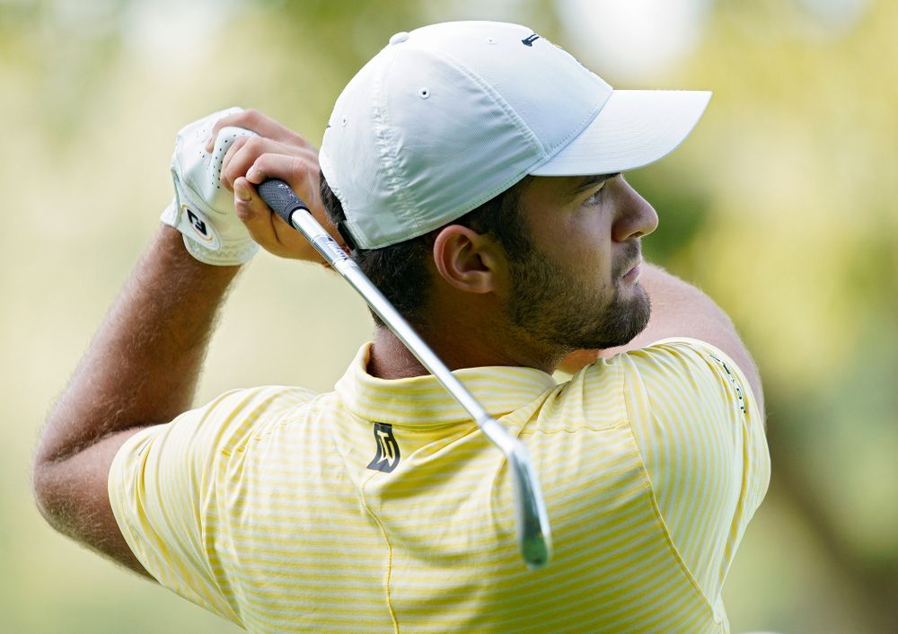 Iowa’s Gonzalo Leal tees off during the third day of the Golfweek Conference Challenge at the Cedar Rapids Country Club in Cedar Rapids on Tuesday, Sep 17, 2019. (Stephen Mally/hawkeyesports.com)