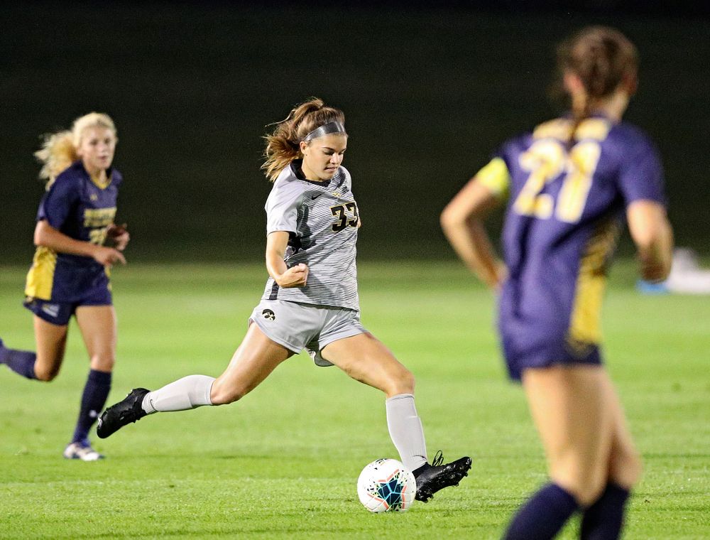 Iowa defender Riley Burns (33) passes during the first half of their match at the Iowa Soccer Complex in Iowa City on Friday, Sep 13, 2019. (Stephen Mally/hawkeyesports.com)