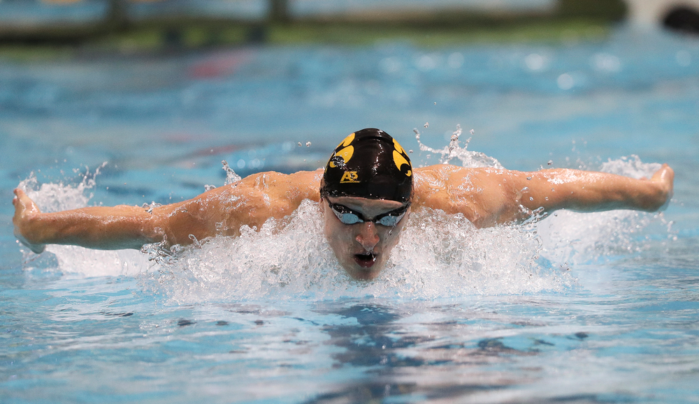 Iowa's Joe Myhre competes in the 100-yard butterfly during the third day of the Hawkeye Invitational at the Campus Recreation and Wellness Center on November 16, 2018. (Tork Mason/hawkeyesports.com)