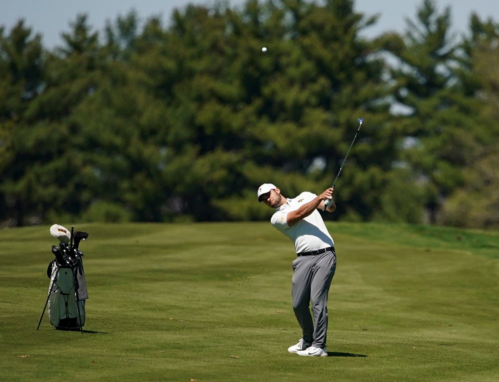 Iowa's Gonzalo Leal hits from the fairway during the first round of the Hawkeye Invitational at Finkbine Golf Course in Iowa City on Saturday, Apr. 20, 2019. (Stephen Mally/hawkeyesports.com)