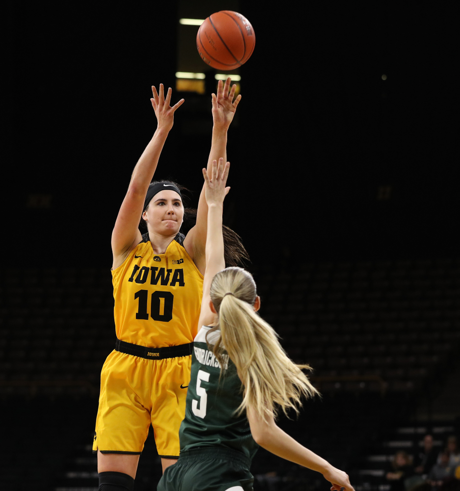 Iowa Hawkeyes forward Megan Gustafson (10) against the Michigan State Spartans Thursday, February 7, 2019 at Carver-Hawkeye Arena. (Brian Ray/hawkeyesports.com)
