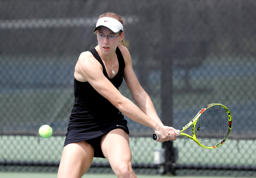 Iowa's Montana Crawford against the Wisconsin Badgers Sunday, April 22, 2018 at the Hawkeye Tennis and Recreation Center. (Brian Ray/hawkeyesports.com)