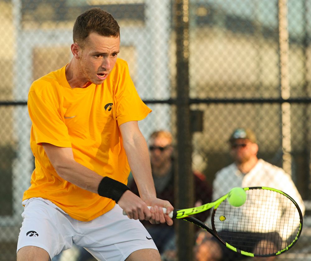Iowa's Kareem Allaf during his match again Michigan State at the Hawkeye Tennis and Recreation Complex in Iowa City on Friday, Apr. 19, 2019. (Stephen Mally/hawkeyesports.com)