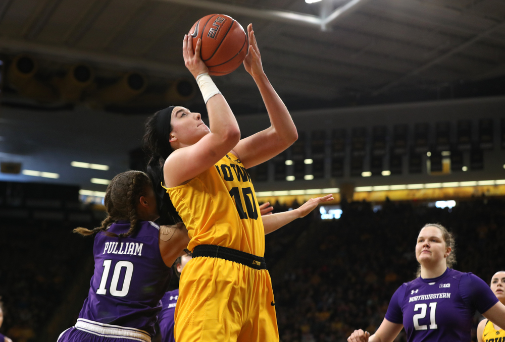 Iowa Hawkeyes forward Megan Gustafson (10) against the Northwestern Wildcats Sunday, March 3, 2019 at Carver-Hawkeye Arena. (Brian Ray/hawkeyesports.com)