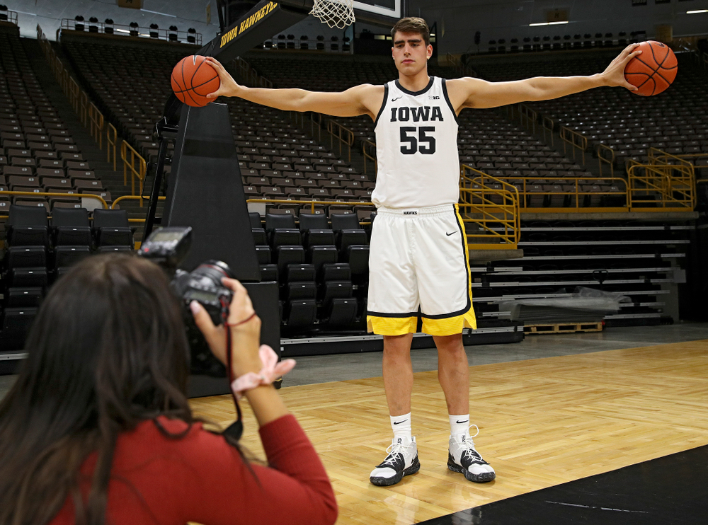 Iowa Hawkeyes forward Luka Garza (55) poses for a photo during Iowa Men’s Basketball Media Day at Carver-Hawkeye Arena in Iowa City on Wednesday, Oct 9, 2019. (Stephen Mally/hawkeyesports.com)