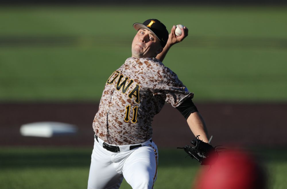 Iowa Hawkeyes Cole McDonald (11) against the Nebraska Cornhuskers on Military Appreciation Night Friday, April 19, 2019 at Duane Banks Field. (Brian Ray/hawkeyesports.com)