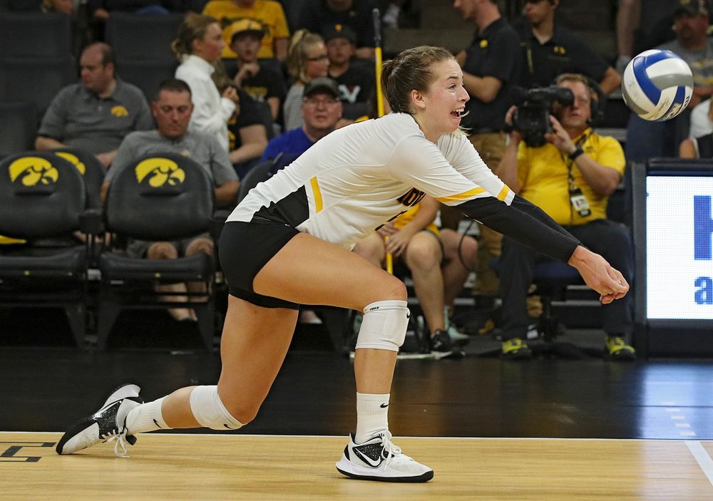 Iowa’s Meghan Buzzerio (5) gets a dig during their Big Ten/Pac-12 Challenge match at Carver-Hawkeye Arena in Iowa City on Saturday, Sep 7, 2019. (Stephen Mally/hawkeyesports.com)