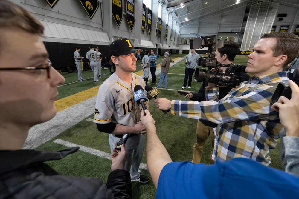 Iowa Hawkeyes Chris Whelan (28) answers questions from reporters during the team's annual media day Tuesday, February 5, 2019 in the Indoor Practice Facility. (Brian Ray/hawkeyesports.com)
