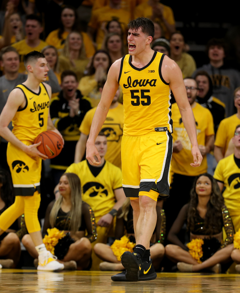 Iowa Hawkeyes forward Luka Garza (55) celebrates late in the game against the Rutgers Scarlet Knights Wednesday, January 22, 2020 at Carver-Hawkeye Arena. (Brian Ray/hawkeyesports.com)