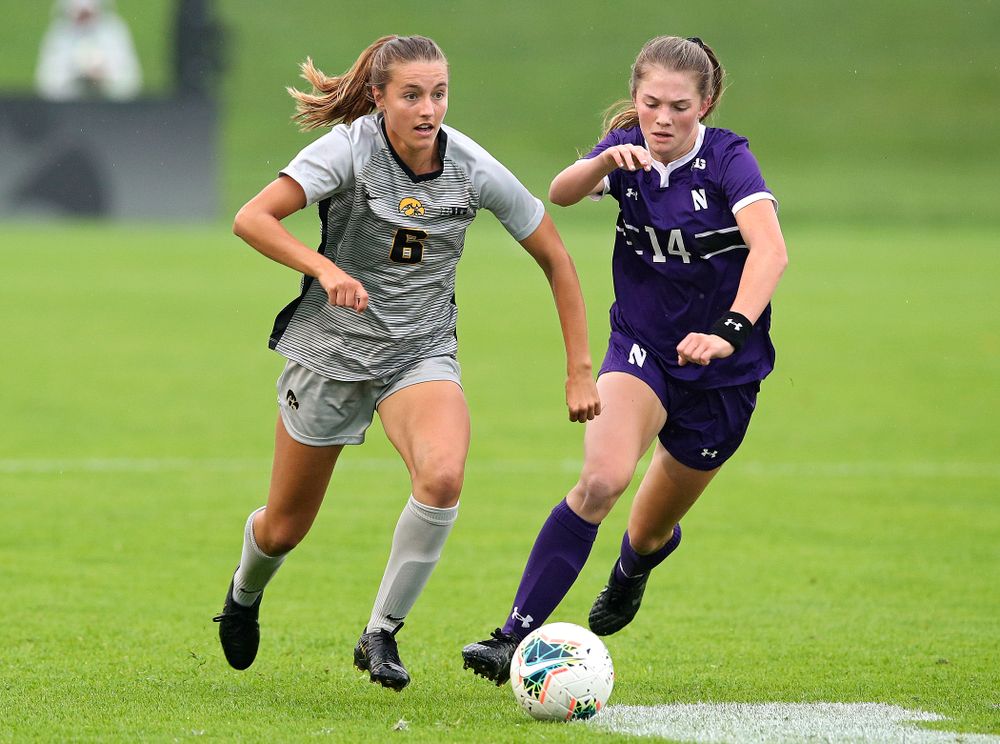 Iowa midfielder Isabella Blackman (6) moves with the ball during the first half of their match at the Iowa Soccer Complex in Iowa City on Sunday, Sep 29, 2019. (Stephen Mally/hawkeyesports.com)