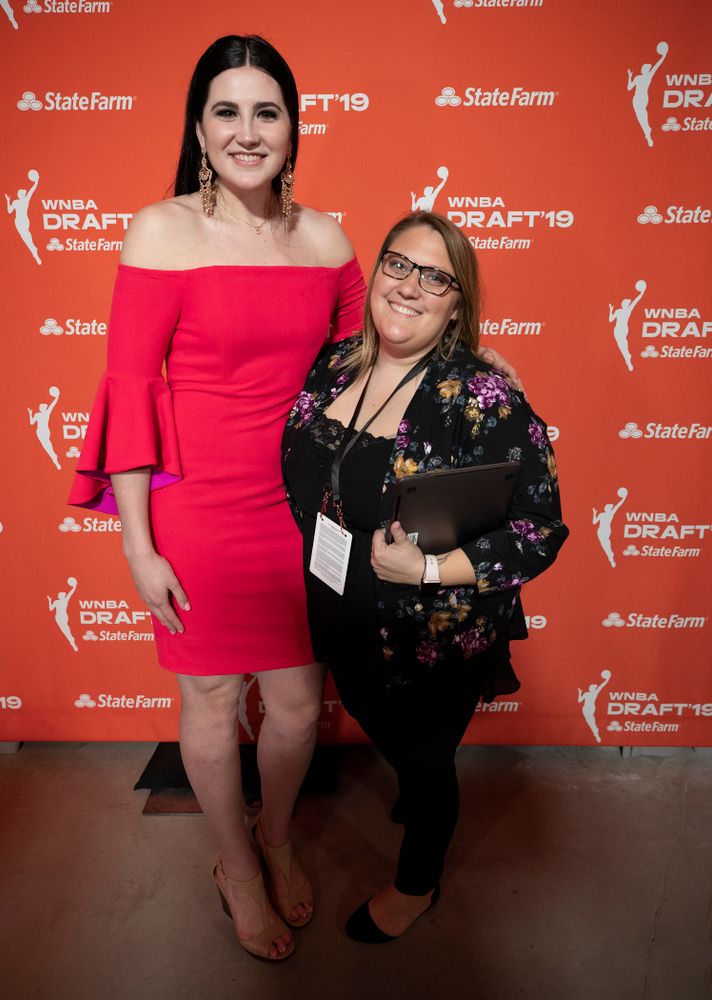 Iowa Hawkeyes forward Megan Gustafson (10) with SID Brandee Britt after being selected by the Dallas Wings in the second round of the 2019 WNBA Draft Wednesday, April 10, 2019 at Nike New York Headquarters in New York City. (Brian Ray/hawkeyesports.com)