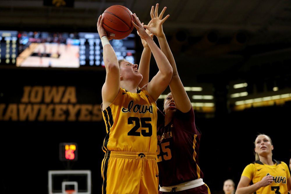 Iowa Hawkeyes forward/center Monika Czinano (25) against the Minnesota Golden Gophers Thursday, February 27, 2020 at Carver-Hawkeye Arena. (Brian Ray/hawkeyesports.com)