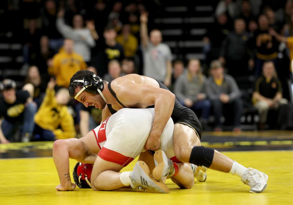 Iowa’s Michael Kemerer wrestles Nebraska’s Mickey Labriola at 174 pounds Saturday, January 18, 2020 at Carver-Hawkeye Arena. Kemerer won the match 3-1. (Brian Ray/hawkeyesports.com)