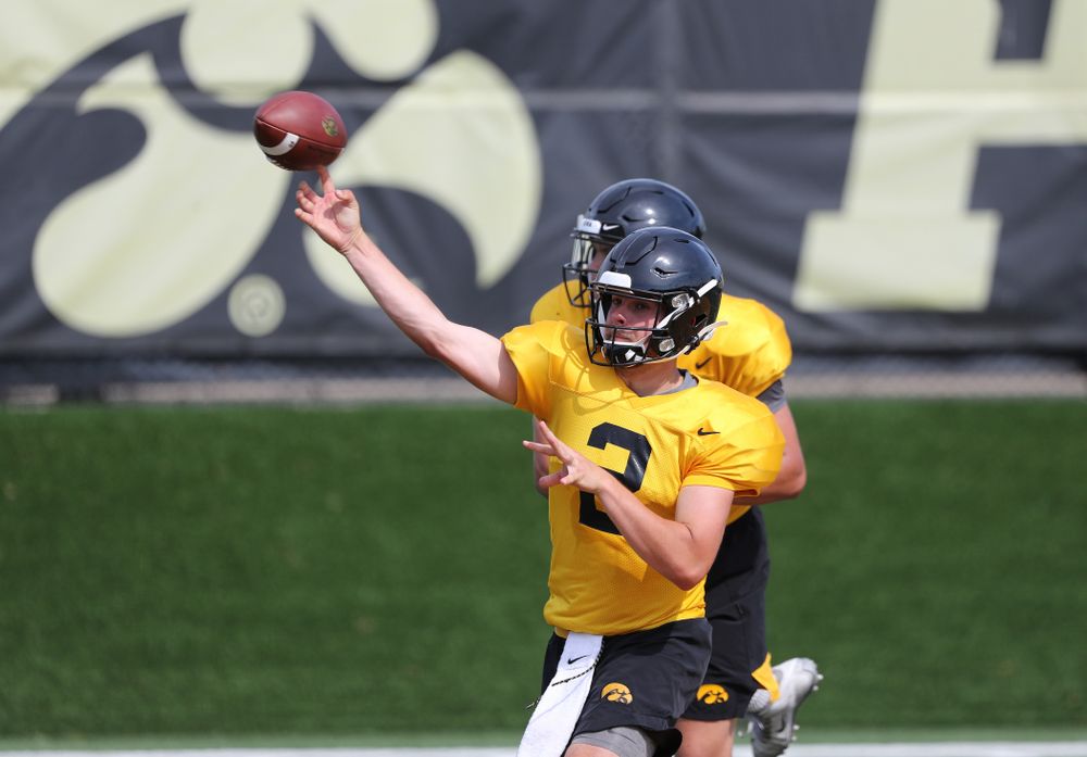 Iowa Hawkeyes quarterback Peyton Mansell (2) during Fall Camp Practice No. 4 Monday, August 5, 2019 at the Ronald D. and Margaret L. Kenyon Football Practice Facility. (Brian Ray/hawkeyesports.com)