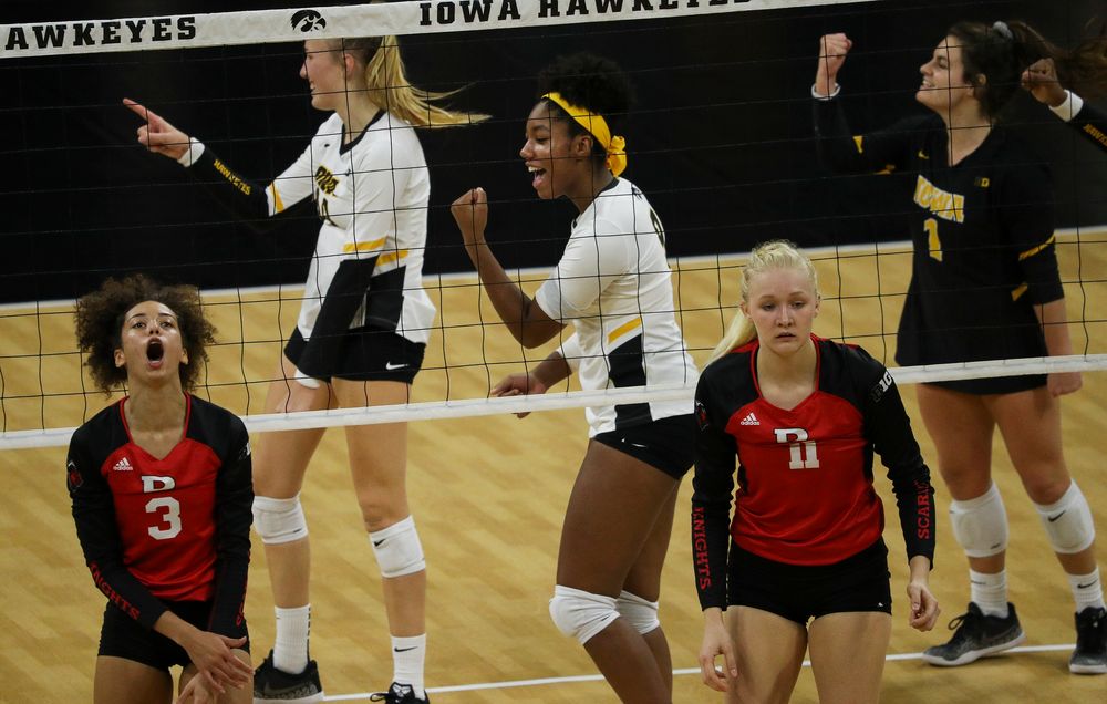 Iowa Hawkeyes middle blocker Amiya Jones (9) celebrates after winning a point during a match against Rutgers at Carver-Hawkeye Arena on November 2, 2018. (Tork Mason/hawkeyesports.com)