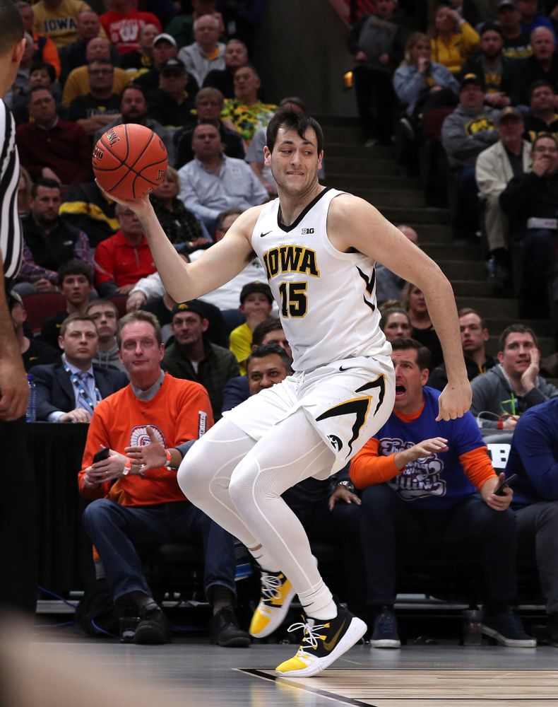 Iowa Hawkeyes forward Ryan Kriener (15) against the Illinois Fighting Illini in the 2019 Big Ten Men's Basketball Tournament Thursday, March 14, 2019 at the United Center in Chicago. (Brian Ray/hawkeyesports.com)