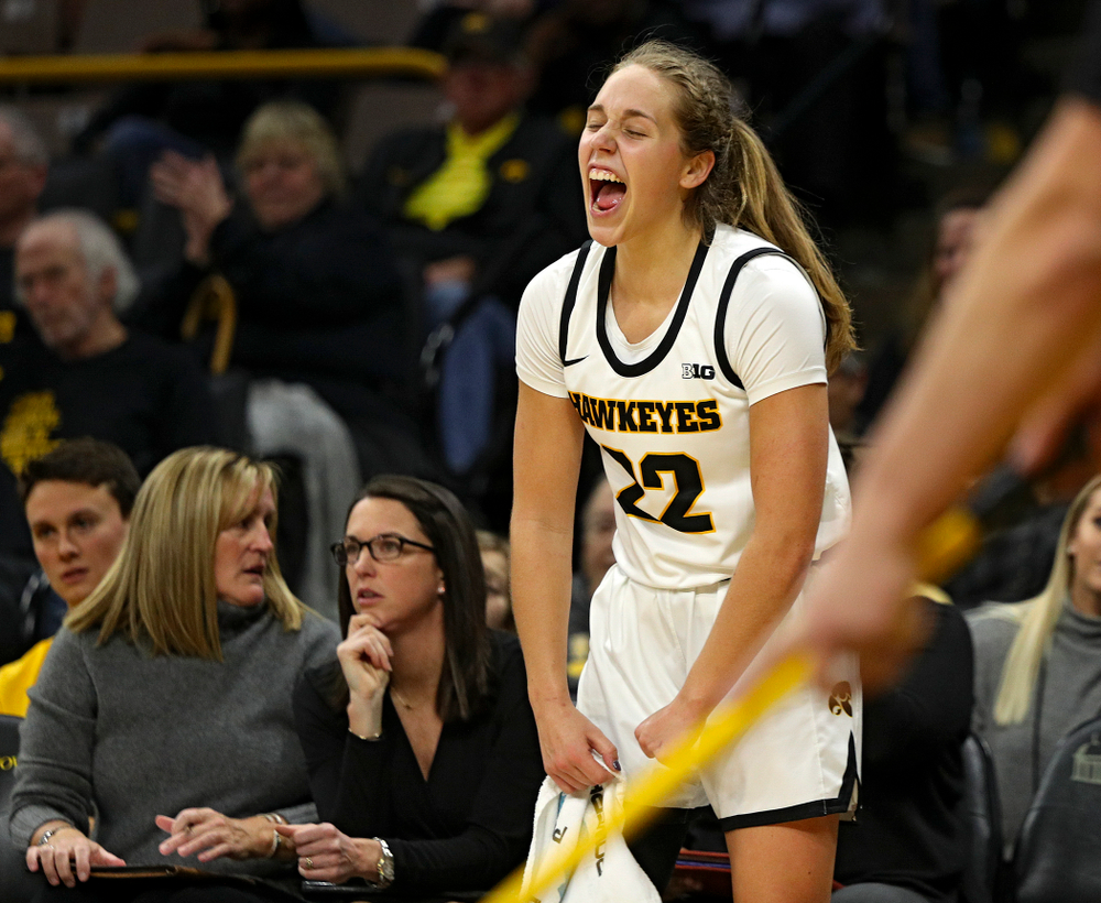 Iowa Hawkeyes guard Kathleen Doyle (22) is pumped up during the fourth quarter of their game at Carver-Hawkeye Arena in Iowa City on Tuesday, December 31, 2019. (Stephen Mally/hawkeyesports.com)