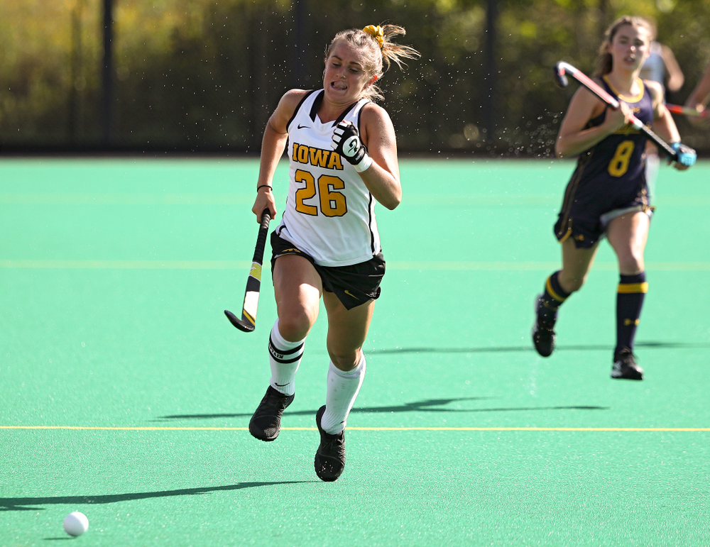 Iowa’s Maddy Murphy (26) eyes the ball as she tries to chase it down during the third quarter of their game at Grant Field in Iowa City on Friday, Sep 13, 2019. (Stephen Mally/hawkeyesports.com)