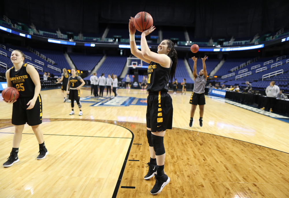 Iowa Hawkeyes forward Megan Gustafson (10) during media and practice as they prepare for their Sweet 16 matchup against NC State Friday, March 29, 2019 at the Greensboro Coliseum in Greensboro, NC.(Brian Ray/hawkeyesports.com)