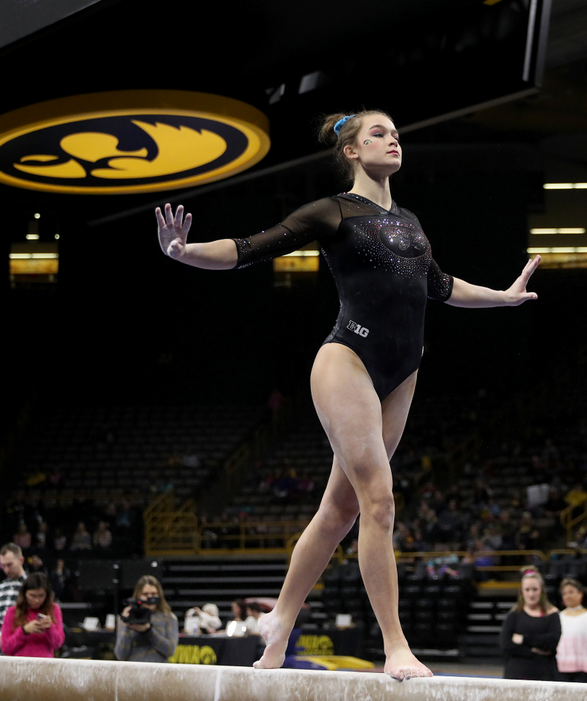 Iowa’s Mackenzie Vance competes on the beam against Michigan Friday, February 14, 2020 at Carver-Hawkeye Arena. (Brian Ray/hawkeyesports.com)