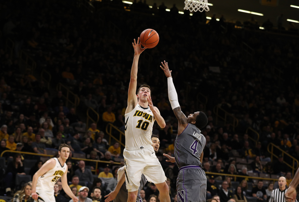 Iowa Hawkeyes guard Joe Wieskamp (10) against the Northwestern Wildcats Sunday, February 10, 2019 at Carver-Hawkeye Arena. (Brian Ray/hawkeyesports.com)