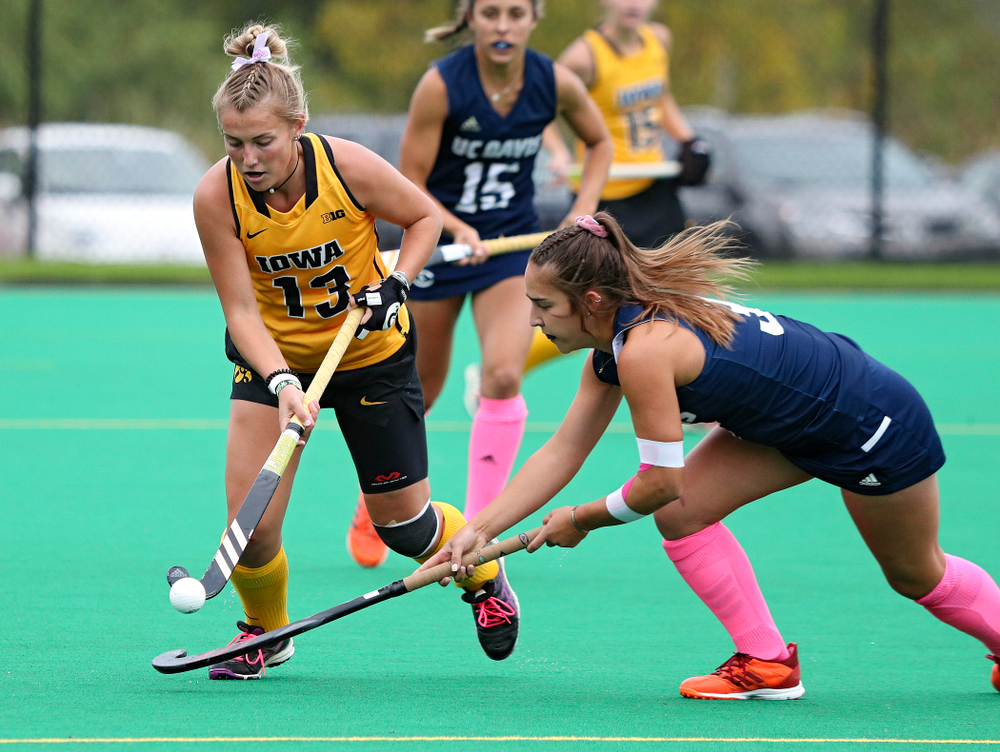 Iowa’s Leah Zellner (13) bounces the ball on her stick during the first quarter of their game against UC Davis at Grant Field in Iowa City on Sunday, Oct 6, 2019. (Stephen Mally/hawkeyesports.com)