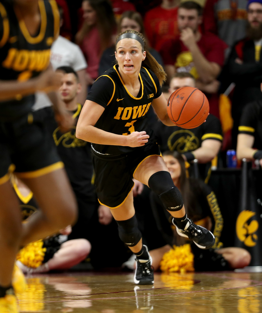 Iowa Hawkeyes guard Makenzie Meyer (3) against the Iowa State Cyclones Wednesday, December 11, 2019 at Hilton Coliseum in Ames, Iowa(Brian Ray/hawkeyesports.com)