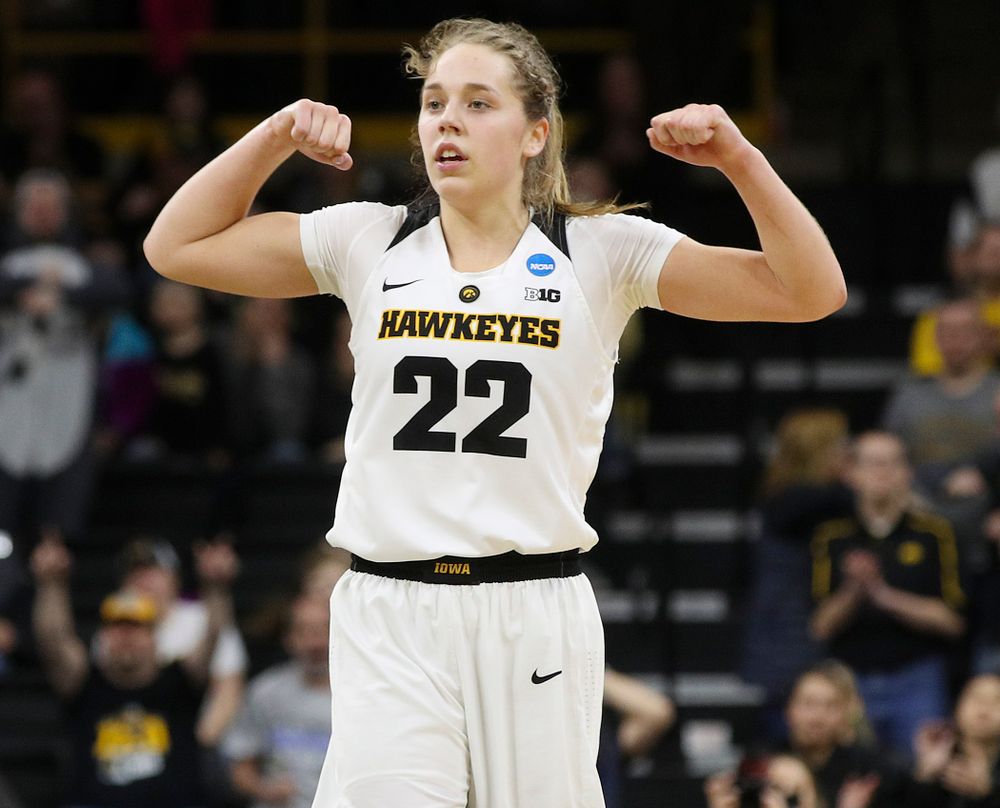 Iowa Hawkeyes guard Kathleen Doyle (22) is pumped up during the third quarter of their second round game in the 2019 NCAA Women's Basketball Tournament at Carver Hawkeye Arena in Iowa City on Sunday, Mar. 24, 2019. (Stephen Mally for hawkeyesports.com)
