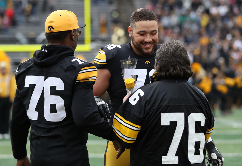 Iowa Hawkeyes offensive lineman Dalton Ferguson (76) during senior day activities before their game against the Nebraska Cornhuskers Friday, November 23, 2018 at Kinnick Stadium. (Brian Ray/hawkeyesports.com)