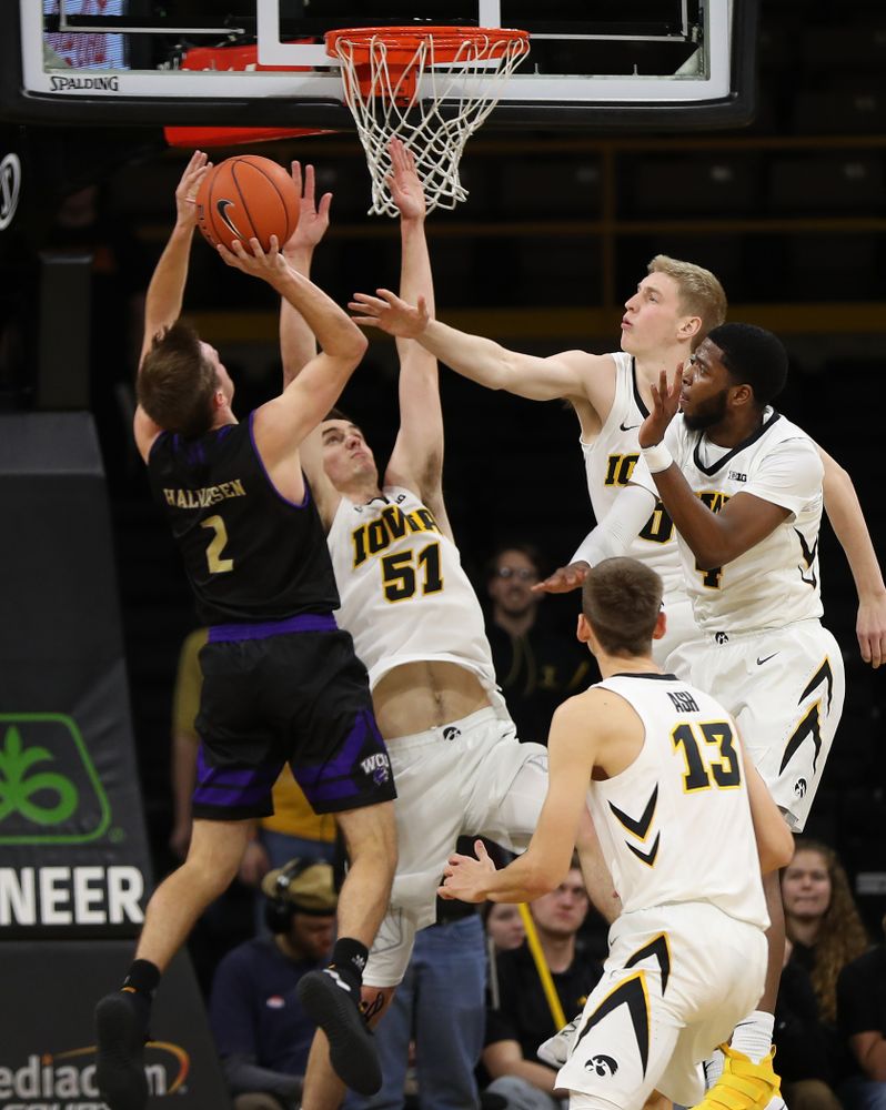 Iowa Hawkeyes forward Michael Baer (0) and forward Nicholas Baer (51) against the Western Carolina Catamounts Tuesday, December 18, 2018 at Carver-Hawkeye Arena. (Brian Ray/hawkeyesports.com)