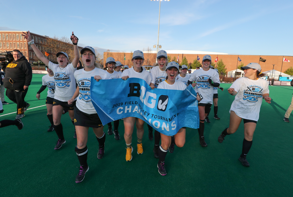 The Iowa Hawkeyes celebrate their victory over Penn State in the 2019 Big Ten Field Hockey Tournament Championship Game Sunday, November 10, 2019 in State College. (Brian Ray/hawkeyesports.com)
