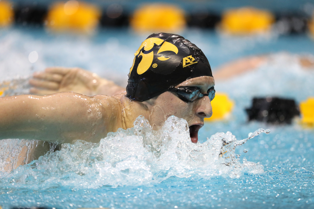 Iowa's Jackson Kuhlers swims the 200 yard butterfly during a double dual against Wisconsin and Northwestern Saturday, January 19, 2019 at the Campus Recreation and Wellness Center. (Brian Ray/hawkeyesports.com)