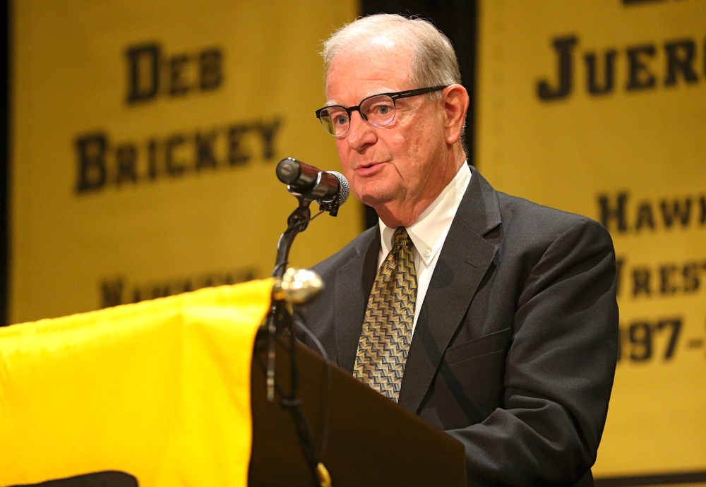 Mark Abbott, the voice of Kinnick Stadium, introduces the Hall of Fame inductees during the Hall of Fame Induction Ceremony at the Coralville Marriott Hotel and Conference Center in Coralville on Friday, Aug 30, 2019. (Stephen Mally/hawkeyesports.com)