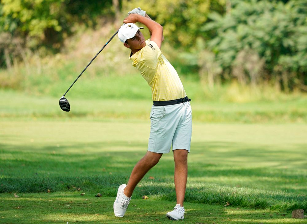 Iowa’s Garrett Tighe tees off during the third day of the Golfweek Conference Challenge at the Cedar Rapids Country Club in Cedar Rapids on Tuesday, Sep 17, 2019. (Stephen Mally/hawkeyesports.com)