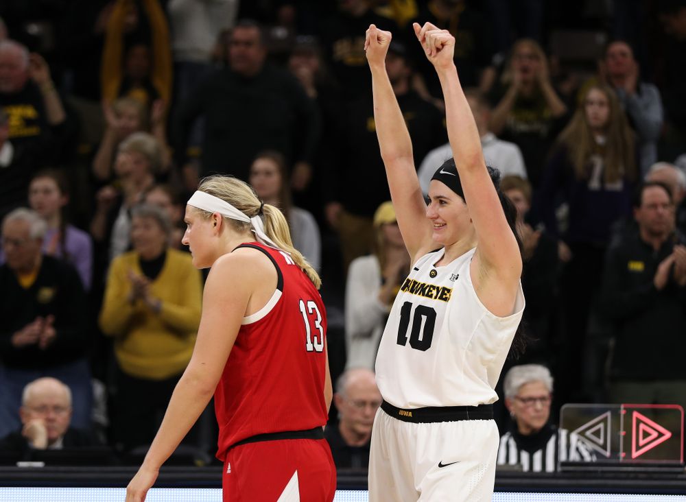 Iowa Hawkeyes forward Megan Gustafson (10) celebrates their victory against the Nebraska Cornhuskers Thursday, January 3, 2019 at Carver-Hawkeye Arena. (Brian Ray/hawkeyesports.com)