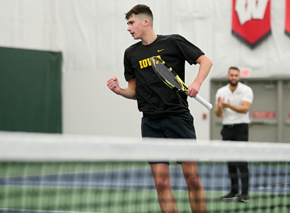 Iowa’s Matt Clegg celebrates a point during his doubles match at the Hawkeye Tennis and Recreation Complex in Iowa City on Thursday, January 16, 2020. (Stephen Mally/hawkeyesports.com)