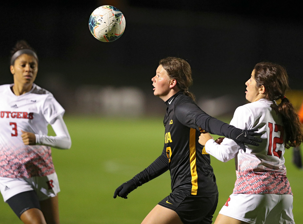 Iowa forward Samantha Tawharu (27) eyes the ball during the first half of their match at the Iowa Soccer Complex in Iowa City on Friday, Oct 11, 2019. (Stephen Mally/hawkeyesports.com)