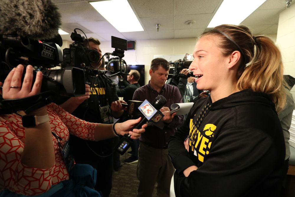 Iowa Hawkeyes guard Makenzie Meyer (3) during media and practice as they prepare for their Sweet 16 matchup against NC State Friday, March 29, 2019 at the Greensboro Coliseum in Greensboro, NC.(Brian Ray/hawkeyesports.com)