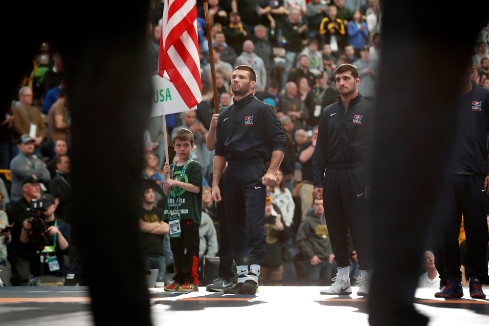 Thomas Gilman during session three of the United World Wrestling Freestyle World Cup Sunday, April 8, 2018 at Caver-Hawkeye Arena. (Brian Ray/hawkeyesports.com)