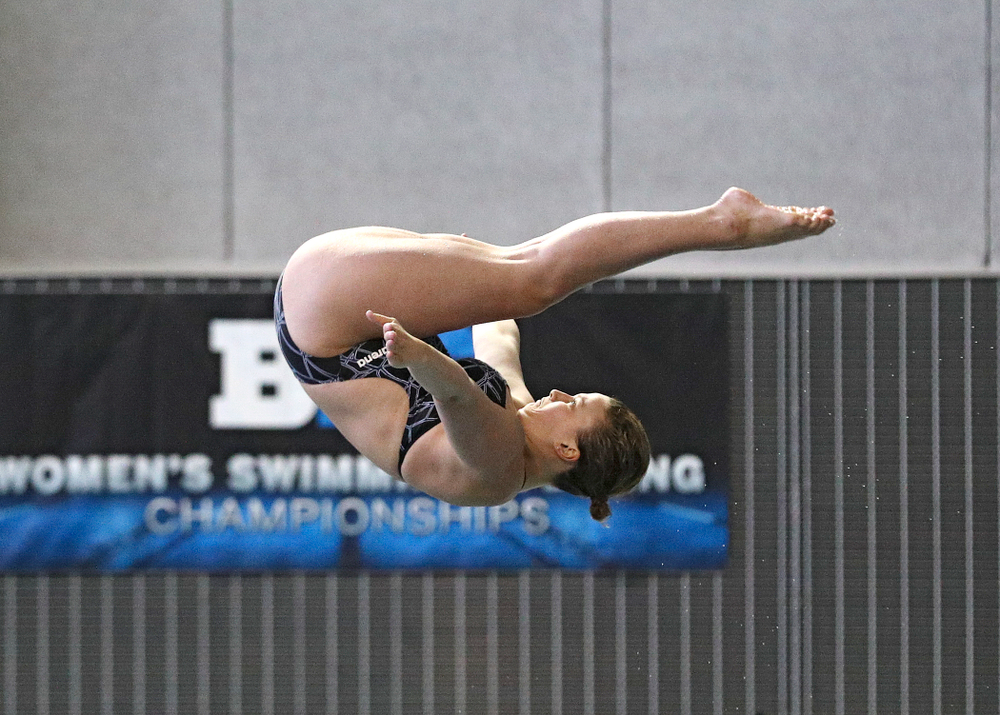 Iowa’s Claire Park competes in the women’s platform diving preliminary event during the 2020 Women’s Big Ten Swimming and Diving Championships at the Campus Recreation and Wellness Center in Iowa City on Saturday, February 22, 2020. (Stephen Mally/hawkeyesports.com)
