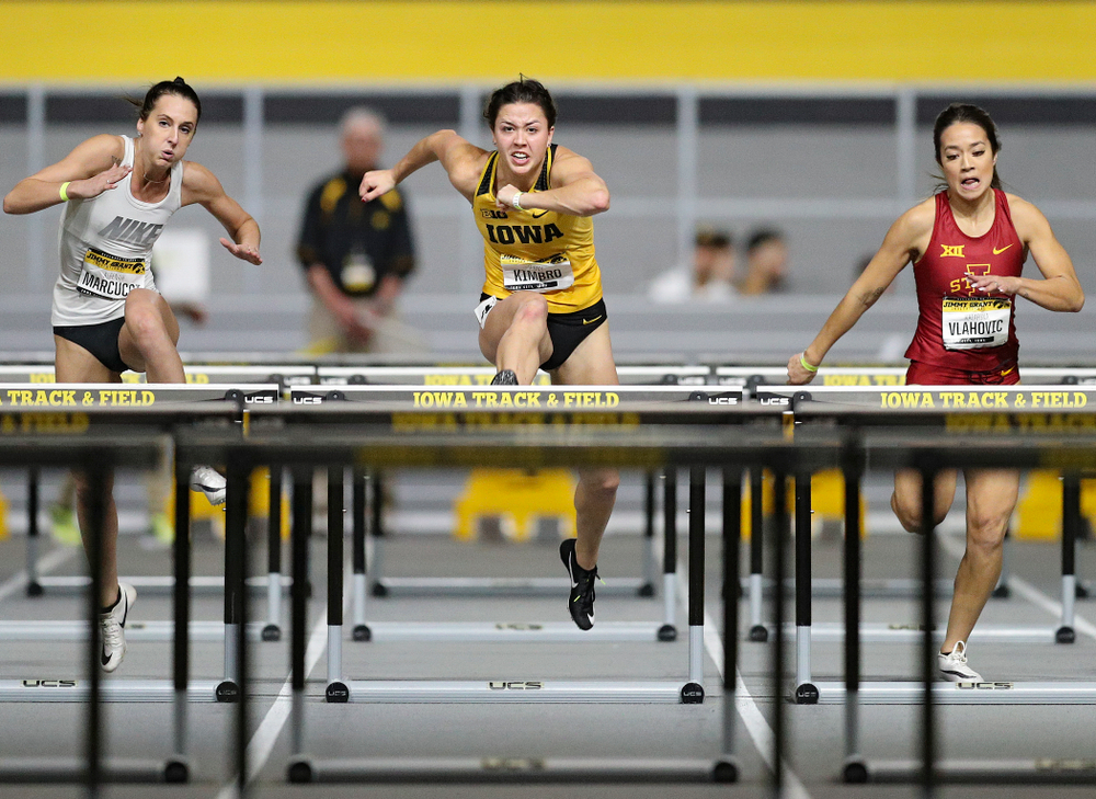 Iowa’s Jenny Kimbro runs the women’s 60 meter hurdles event during the Jimmy Grant Invitational at the Recreation Building in Iowa City on Saturday, December 14, 2019. (Stephen Mally/hawkeyesports.com)