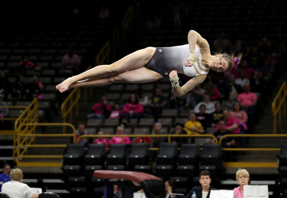 IowaÕs Bridget Killian competes on the floor against Ball State and Air Force Saturday, January 11, 2020 at Carver-Hawkeye Arena. (Brian Ray/hawkeyesports.com)