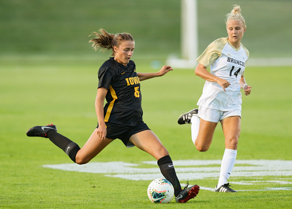 Iowa midfielder Isabella Blackman (6) lines up a shot during the first half of their match against Western Michigan at the Iowa Soccer Complex in Iowa City on Thursday, Aug 22, 2019. (Stephen Mally/hawkeyesports.com)