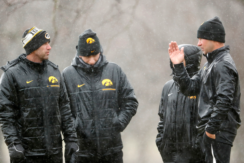 Iowa Men's Golf Head Coach Tyler Stith and former golfer arson Schaake talk during day two of the 2018 Hawkeye Invitational Friday, April 13, 2018 at Finkbine Golf Course. (Brian Ray/hawkeyesports.com)