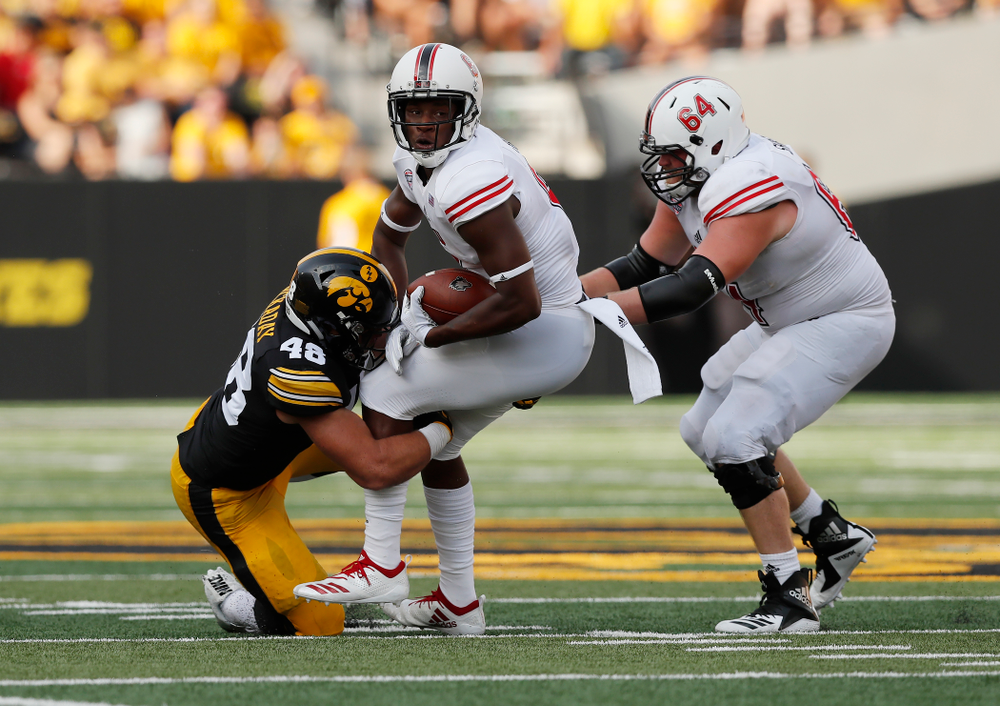 Iowa Hawkeyes linebacker Jack Hockaday (48) makes a stop against the Northern Illinois Huskies Saturday, September 1, 2018 at Kinnick Stadium. (Brian Ray/hawkeyesports.com)