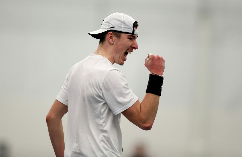 Iowa’s Nikita Snezhko against Cornell Sunday, March 8, 2020 at the Hawkeye Tennis and Recreation Center. (Brian Ray/hawkeyesports.com)