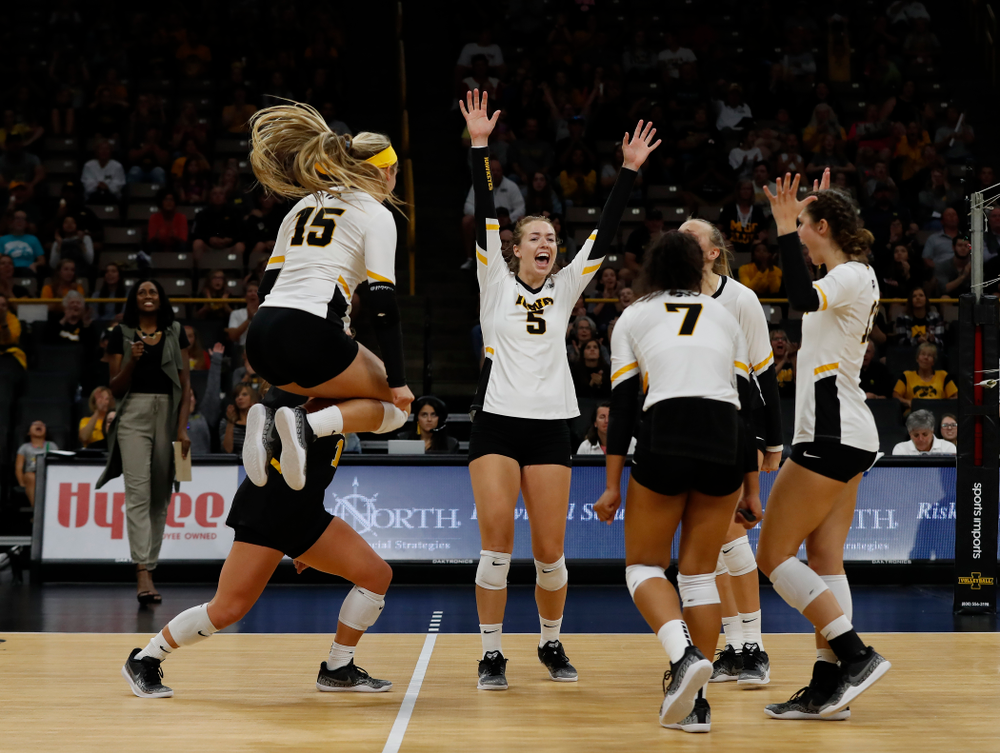 Iowa Hawkeyes outside hitter Meghan Buzzerio (5) against the Michigan Wolverines Sunday, September 23, 2018 at Carver-Hawkeye Arena. (Brian Ray/hawkeyesports.com)