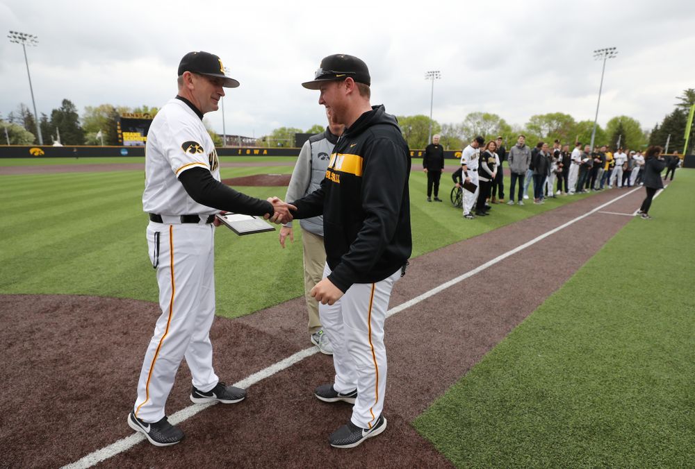 Graduate Assistant Shane Schmidt during senior day festivities before their game against Michigan State Sunday, May 12, 2019 at Duane Banks Field. (Brian Ray/hawkeyesports.com)