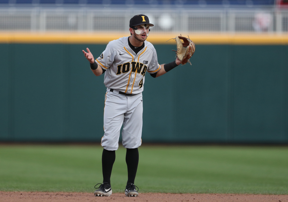 Iowa Hawkeyes infielder Mitchell Boe (4) against the Indiana Hoosiers in the first round of the Big Ten Baseball Tournament Wednesday, May 22, 2019 at TD Ameritrade Park in Omaha, Neb. (Brian Ray/hawkeyesports.com)